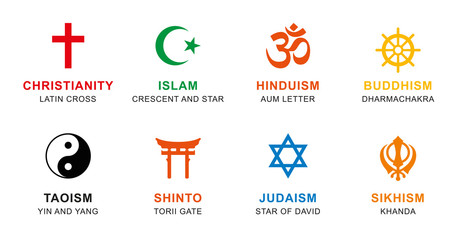 Obraz premium World religion symbols colored. Signs of major religious groups and religions. Christianity, Islam, Hinduism, Buddhism, Taoism, Shinto, Sikhism and Judaism, with English labeling. Illustration. Vector