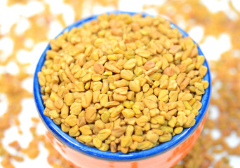 Fenugreek seeds in a bowl on white background.