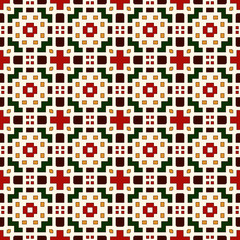 Bright seamless pattern with repeated geometric forms. Embroidery stylized ornamental abstract background.