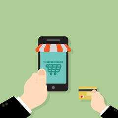 hand use credit card buy shopping online on smartphone,flat desi