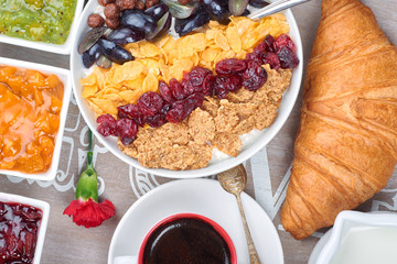 French breakfast on a wooden tray
