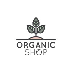 Vector Simple Icon Style Illustration Logo for Organic Shop or Market, Minimal Simple Badge with Leafs and Trees