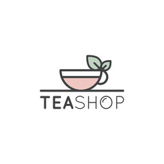 Vector Flat Icon Style Illustration Logo for Organic Green tea Shop for Healthy Lifestyle. Cup of Organic Green Tea and Fresh Green Leafs