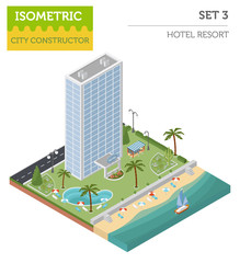 Flat 3d isometric resort hotel  and city map constructor element
