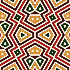 Seamless pattern in Christmas traditional colors. Bright ornamental abstract background. Ethnic and tribal motifs.