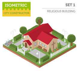 Religious architecture. Flat 3d isometric church and city map cr