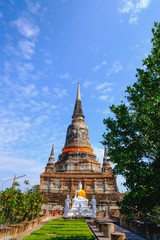 Fototapeta premium Old pagoda with Blue Sky background at Wat Yai Chai Mongkhon Old Temple in Ayutthaya Historical Park Thailand.