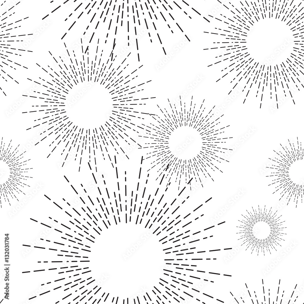 Wall mural sunshine rays seamless pattern in vintage style. sunburst linear drawing texture. continuous backgro