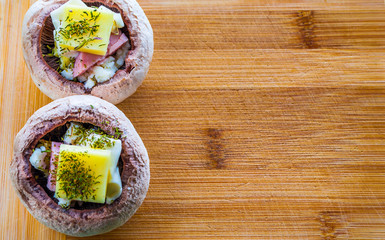 Raw Stuffed Mushrooms With Cheese Wooden Background