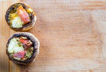 Baked Stuffed Mushrooms With Cheese Empty space Wooden Background