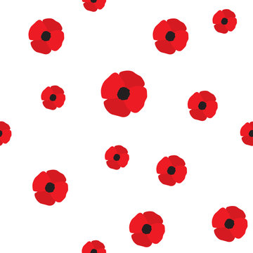 Red Poppy Seamless Pattern. Repeating Texture With Flowers. Simple Vector Floral Continuous Background In Flat Style.