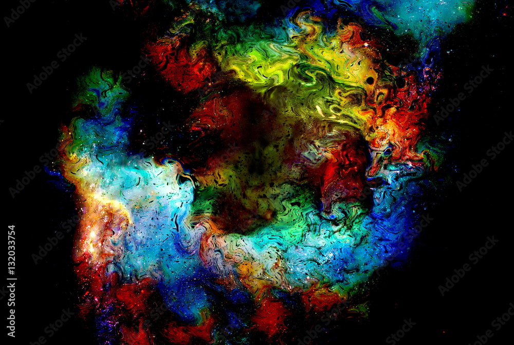 Poster cosmic space and stars, color cosmic abstract background. fire effect in space.