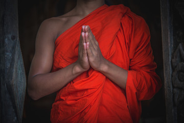 Buddhist Monk hands , meditation or pray