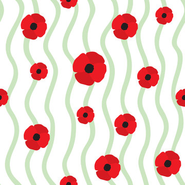 Red poppy seamless pattern. Repeating texture with stylized flowers and wavy vertical lines. Floral vector continuous background.