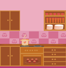interior kitchen room in brown and pink tones.