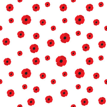 Red poppy seamless pattern. Repeating texture with stylized flowers. Floral vector continuous background.