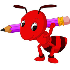 Cartoon red ant holding pencil

