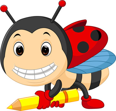 Cartoon ladybug holding pencil

