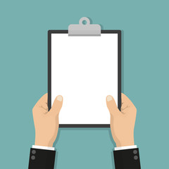 Blank clipboard in hands businessman. Empty space for text. Blank sheet white paper