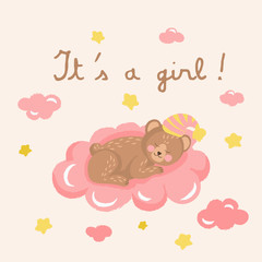 Cute sleeping bear on the cloud vector illustration. Baby shower greeting card It's a girl