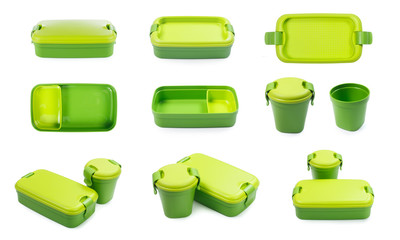 Green plastic lunch box isolated on white background