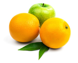Two ripe orange and one green apple isolated on white background.