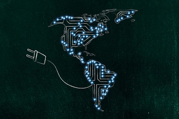 north & south america made of electronic microchip circuits with