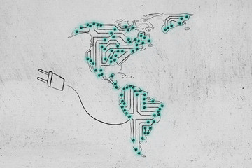 north & south america made of electronic microchip circuits with