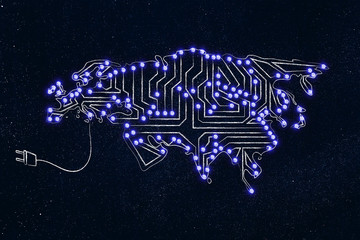 europe, asia & middle-east made of electronic microchip circuits