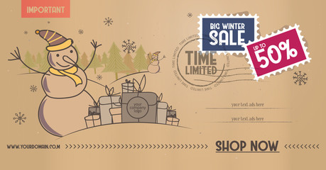 Winter sale social network banner paper envelope with snow background, snowflakes, tree and discount.