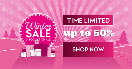Winter sale social network banner pink with snow background, snowflakes, tree and discount.
