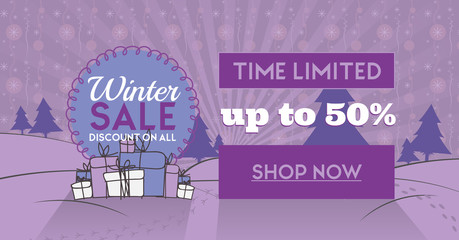 Winter sale social network banner purple with snow background, snowflakes, tree and discount.