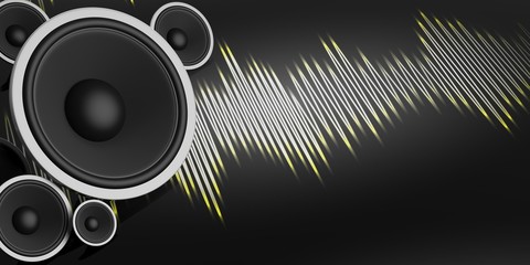 Speaker and sound wave on black background. 3d illustration