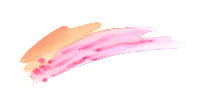Pastel orange and pink watercolor paint smudge on clear white background