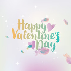 vector greeting card with inscription happy valentines day with hearts on the background of feathers and stars