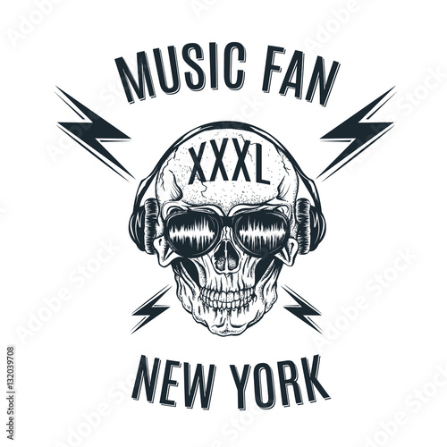 "Label with skull in headphones" Stock image and royalty-free vector