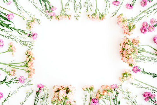Wildflowers frame. Flat lay, top view. Valentine's background