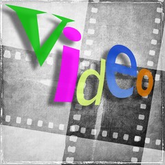 "video" word written in various colors and with random characters. In the background we have vintage film strip in gray tones.