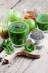 Green fruits spinach smoothie with chia seeds.Super foods and healthy eating concept.Selective focus