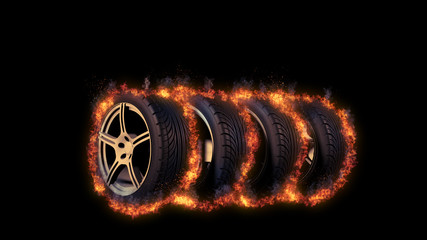 Vier brennende Reifen