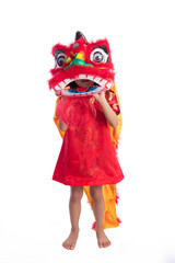 Asian Chinese little girl with Lion Dance costume