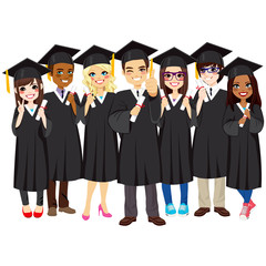 Group of diverse and successful graduating students together with black gown on white background
