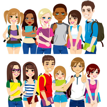 Illustration of two different group of diverse ethnic students together