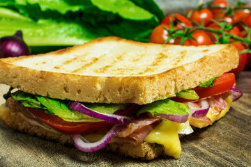 sandwich toast grilled with bacon,cheese, salad, onion and tomatoes