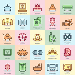 Thin line hotel services, online booking icons set