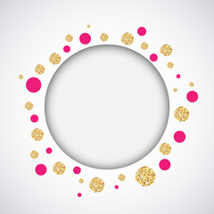 Background with pink and gold glittering circles . Vector illustration.