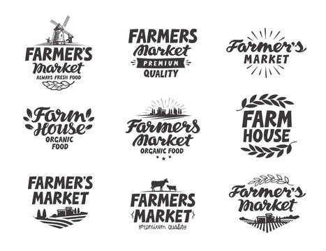 Farmers market, vector logo. Farm, farming icons set