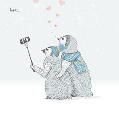 cute love penguins taking selfies. freehand drawing. vector