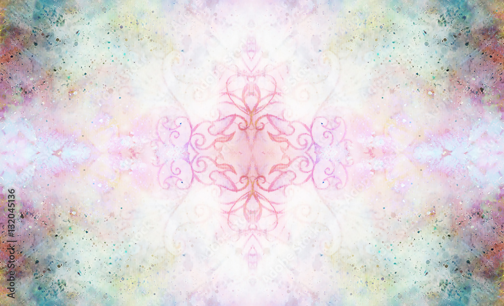 Poster ornamental pattern on multicolor abstract background with spots.