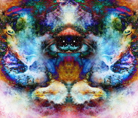 psychedelic eyes and eagle heads on multicolor abstract backgrou